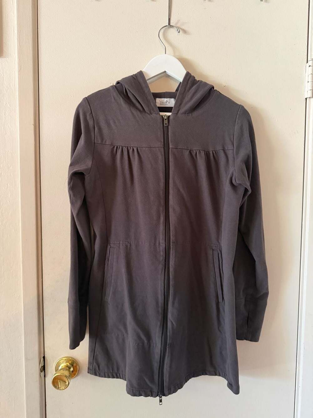 Yala’s Gray Hooded Zip Up Tunic Jacket Women’s Small Long Sleeve Pockets